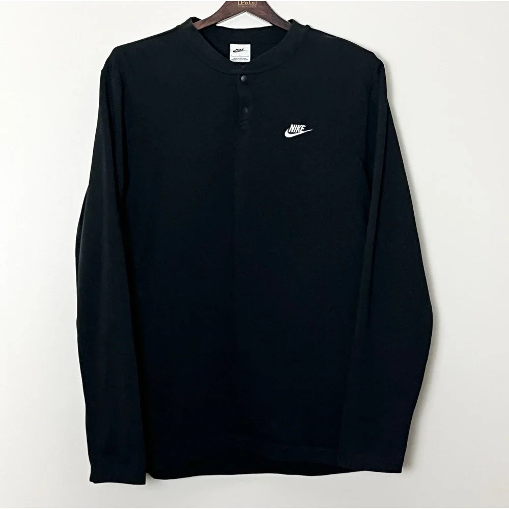 Nike Club Fleece Henley Men's Large Black LS Snap Sportswear‎ BroCore Logo